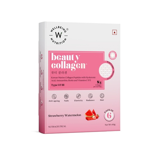 [BRSROBIFPN7AEET3] WELLBEING NUTRITION Beauty Korean Marine Collagen|Type 1 & 3 Peptides, Hyaluronic Acid, Astaxanthin, Biotin, Vit C|Hydration, Elasticity, Hair Growth|Strawberry Watermelon 6 Sachets, 1 count, 48 grams