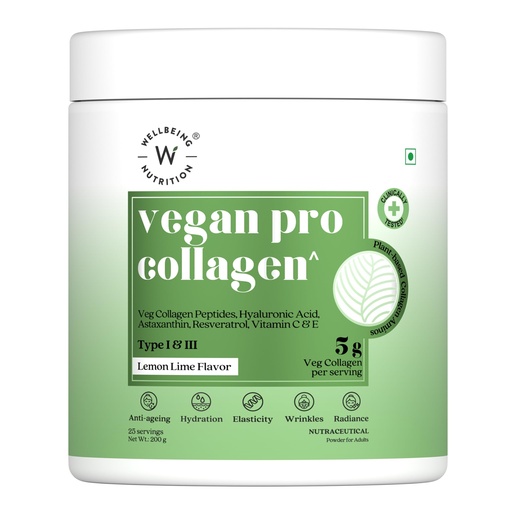 [BRSREYIZOZ6WMALG] Wellbeing Nutrition Vegan Pro Collagen Peptides Supplement for Skin and Hair | 100% Plant Based 5 gms Collagen, Lemon Lime, 200 gms
