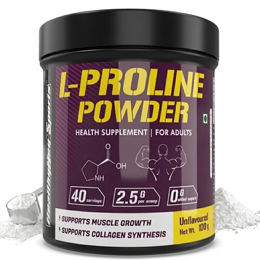 [BRSRMAL2BABREELL] HealthyHey Sports L-Proline Powder, Supports Muscle Growth & Collagen Formation, 100g Unflavoured - 40 Servings