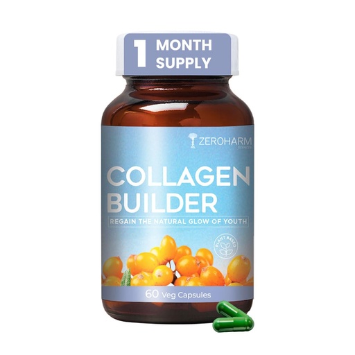 [BRSRMCAKDEDQ4YLJ] ZEROHARM Collagen Builder with Seabuckthorn, Vitamin C, Panax Ginseng & Biotin | Veg Collagen for Skin, Hair, & Joints | Plant-based Supplement for Youthful Skin | 60 Capsules