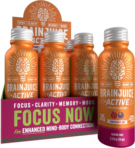 [BRSWGHA3AAORMFDD] BrainJuice Active Focus & Energy Drink Shots, Suporta Endurance, Recovery & Clarity, Non-GMO, Gluten Free, Nootropics, Alpha GPC, B Vitaminas & Chá Verde Orgânico, Romã Acai, 2,5 fl oz, 12 Pack