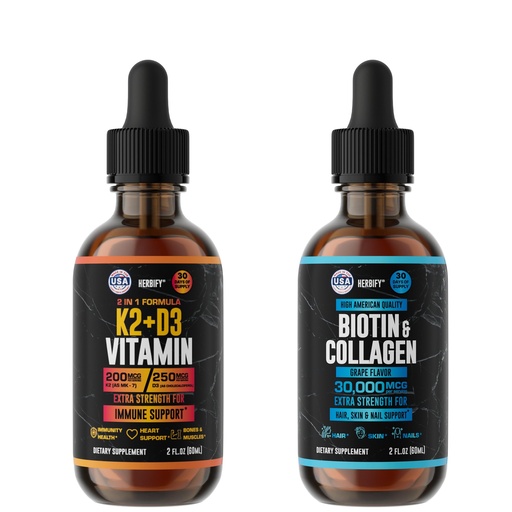 [BRSROBT4DINBOEYU] HERBIFY Bundle - K2 and D3 Drops & Biotin and Collagen Drops - Bone Strength & Hair, Skin, Nails Support