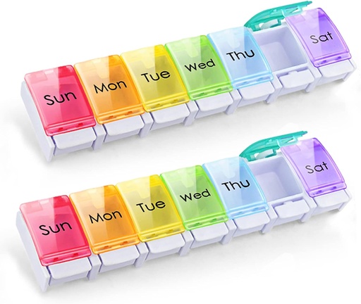 [BRSWGBQNOQDQ2G32] GOGOODA 2 Pack Weekly Pill Organizer Arthritis Friendly, Travel 7 Day Pill Holder Vitamin Container Organizer with Popup Open Design and Ample Space to Hold Vitamins, Fish Oil and Medication