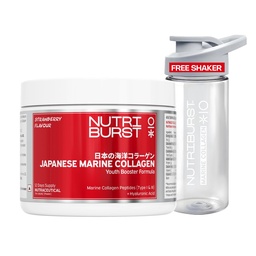 Nutriburst Japanese Marine Collagen Powder (Type I & III), 200g with 300ml Bottle | For Skin, Hair, Nails & Joints | Strawberry Flavour | High Absorption Collagen for Men and Women | Pack of 2