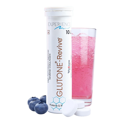 [BRSREZD7BABBAEYY] Glutone-Revive Effervescent Collagen Tablets – 2500 mg Wellnex Di-Peptide Marine Collagen|Supports Skin Hydration, Elasticity, Smooth Texture | For Men & Women | 10 Blueberry Flavour Tablets
