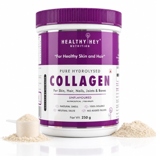 [BRSWGZD7OIGRAD3A] HealthyHey Nutrition Collagen Powder|Collagen Supplement for Glowing Skin|Pure Hydrolysed Collagen Powder for Women & Men|Unflavoured - Pack of 1-250 grams