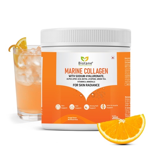 [BRSREBQPBV4AAHIY] Biotane Marine Collagen Powder | Manufactured in Technical Collaboration with Vitane Pharma USA I Skin Radiance, Anti-Aging, Bone and Joint Support | Orange Flavour (200 gm Pack)