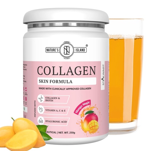 [BRSROEL3C4IBMCIV] Nature's Island Skin Glow Collagen Powder (Mango, 250g) , Marine Collagen Supplements for Women & Men With Biotin, Vitamin A, C, E, Hyaluronic Acid, for Glowing Skin, Anti Ageing, Firmness, Elasticity, Healthy Hair and Nails.