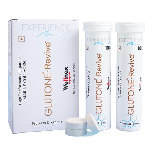 [BRSREZD7AQMA2CTL] Glutone-Revive Effervescent Collagen Tablets – 2500 mg Wellnex Di-Peptide Marine Collagen|Supports Skin Hydration, Elasticity, Smooth Texture | For Men & Women | 20 Blueberry Flavour Tablets