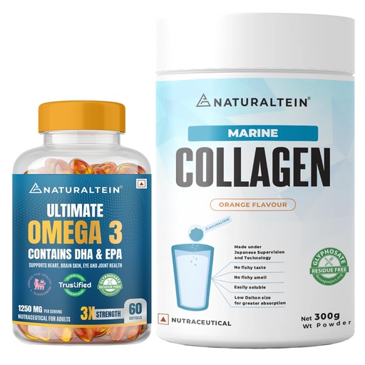 [BRSRGBQTBAPREYLA] Naturaltein Pure Marine Collagen 300g (Orange Flavour) + Naturaltein Omega-3 Fish Oil 1250mg Triple Strength (60 Softgels) | Skin, Hair, Joint & Heart Health Support Combo