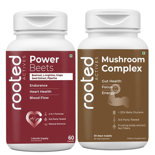 [BRSRYZL5CF5AIFIZ] Rooted Actives Energy & Wellness Combo | Power Beets + Mushroom Complex | Blood Flow, Heart Health, Gut Health, Focus & Daily Energy | 60 Veg Capsules Each