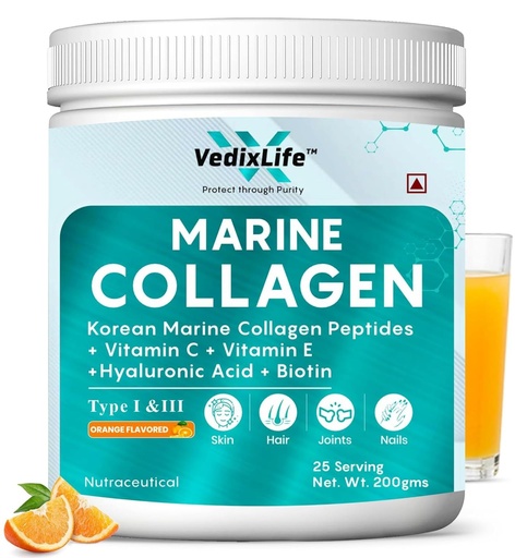 [BRSRECYZDEPG2ETK] Marine Collagen Powder with Hyaluronic Acid, Vitamin C & E, Biotin | Supports Healthy Skin, Hair, Nails, Bone & Joint | Orange Flavour | count,25 servings (Pack Of 1)
