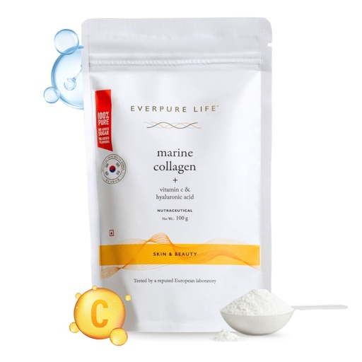 [BRSW2YL7O4BGMADH] Vitamin C & Hyaluronic Acid Marine Collagen Powder (100g) | Hydrolysed Korean Supplement Peptides for Healthy, Glowing Skin | No Added Sugar & Unflavoured | For Men & Women