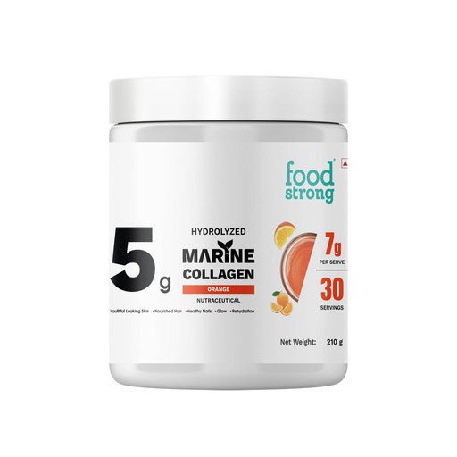 [BRSRAAYYAQCRG3DG] Foodstrong Hydrolyzed Marine Collagen Powder – Orange Flavour | 30 Servings | Supports Skin Hydration, Hair Nourishment & Glow | 210g