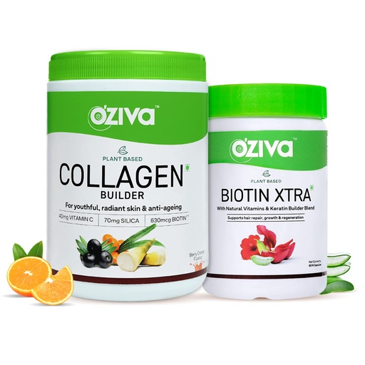 [BRSW2AATDEHBS3T2] OZiva Plant Based Collagen Builder for Glowing & Youthful Skin | Collagen Powder for Women & Men | With Biotin, Silica & Vitamin C (Collagen Berry Orange + Biotin Xtra)