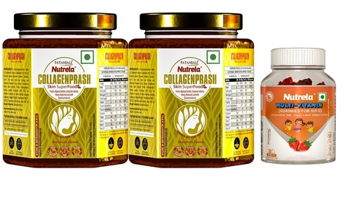 [BRSRY2YPA55R6AL5] Patanjali Nutrela Family Wellness Combo - Collagenprash Skin Superfood Pack of 2 (Strawberry Flavour) & Kids Multi-Vitamin & Mineral Gummies