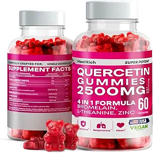 [BRSRAZIEDICWKE3L] Quercetin Gummies - 2500MG Quercetin with Bromelain L-theanine & Zinc - Pure Supplement for Immune System Lung and Allergy Support - Immunity Booster Vegan Supplements for Kids & Adults - 2 Pack