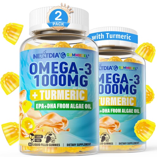 [BRSRA2QFOZYAMETD] Omega-3 Gummies + Turmeric - Omega 3 Fish Oil Alternative for Adults - Algae DHA 600mg & EPA 300mg, Vitamins A, C, E, Zinc & MSM, Sugar Free, 120 Cts
