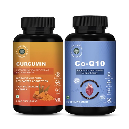 [BRSRACD7DJ5QKF3B] CUREFOREVER Curcumin Tablets with Turmeric Blend & BioPerine - 60 Tabs with CoEnzyme Q10 (CoQ10) 400mg with Bioperine - 60 Capsules