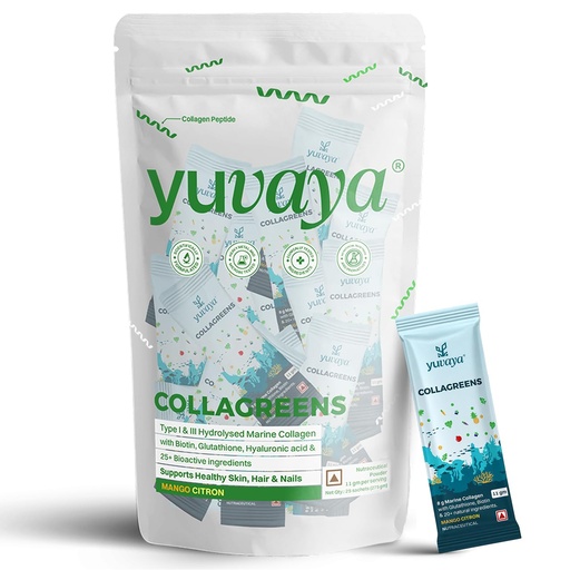 [BRSRGAYLCJ4AKHQY] Collagreens | Advanced Hydrolysed Marine Collagen Blend with 36 bioactives for Men and Women | 25 sachets | Glutathione, Amla, Moringa, Biotin, & more | 100% Natural | No fishy taste and smell