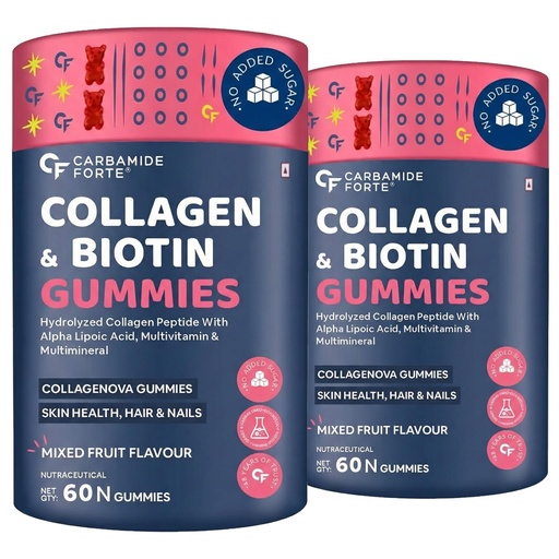 [BRSRAFQ5CQBB4EQZ] Carbamide Forte Collagen & Biotin Gummies| Collagen Supplements for Women & Men for Skin & Hair - Mixed Fruit Flavour - 60 Gummies (Pack of 2)