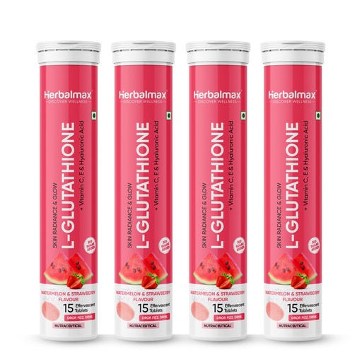 [BRSRE2YPB4CRAAL4] Herbal Max Glutathione Tablet | Effervescent 60 Tabs Pack of 4 | Glutathione Supplements with Vitamin C E, Biotin, Hyaluronic Acid | Skin Glow Hair Nail | Watermelon & Strawberry