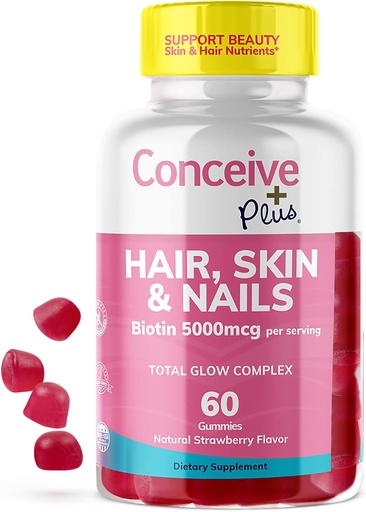 [BRSW2AQ7AQMBYG3K] CONCEIVE PLUS Hair Skin & Nails Gummies - Extra-Strength Biotin, VIT A, C, D3, E Vitamins - Vegan, Hair Growth Supplement - Gelatin-Free - 60 Count