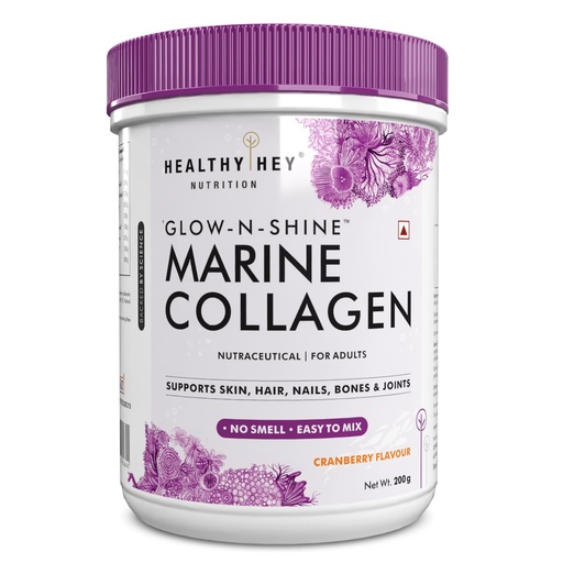 [BRSWYEACBEHRO3TG] HealthyHey Glow-n-Shine Marine Collagen Powder - Hydrolyzed | Type 1 Collagen Protein Supplement with Hyaluronic Acid | Amino Acids for Skin, Hair, Nails (Cranberry, 200g)