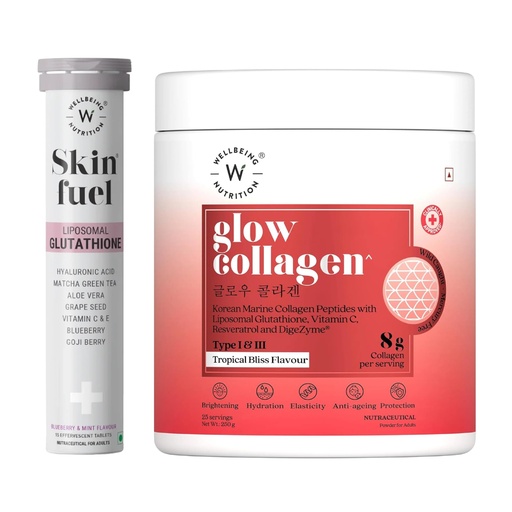 [BRSRYEAZCIBBSDYV] Wellbeing Nutrition Skin Fuel Liposomal Glutathione 600mg | Hyaluronic Acid, Vitamin C & E, Blueberry Mint, 15 Veg Tablets + Glow Marine Collagen with Glutathione | SkinAx², Resveratrol, Tropical Blis