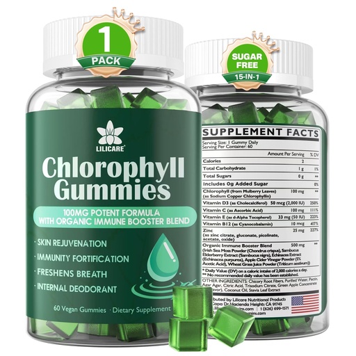 [BRSW2AYZAUARYCTU] Chlorophyll Gummies - Super Green with Wheat Grass, Sea Moss, Unfiltered ACV & Elderberry, Echinacea, Zinc Complex & Vitamin D3, C, E, B12 for Natural Deodorant, Immune & Digestion Support, 60 Chews