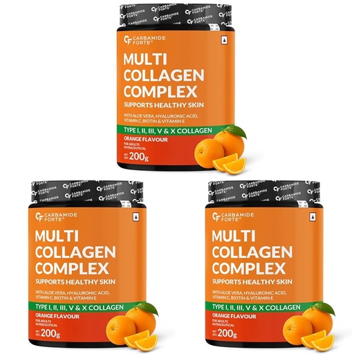 [BRSREAQFCQNRME3J] Carbamide Forte Multi Collagen Supplements for Women & Men | Multi Collagen powder with All 5 Types of Peptides Included - TYPE I, II, III, V, X | Orange Flavour - 200g (Pack of 3)