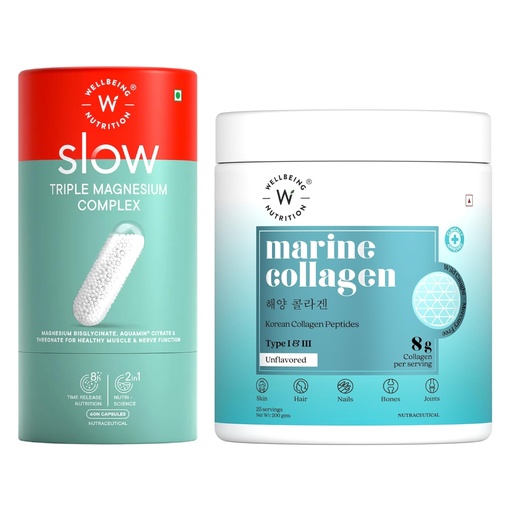 [BRSRYFA2BEFRQH35] Wellbeing Nutrition Pure Korean Marine Collagen 200g, Hydrolyzed Collagen Powder + Triple Magnesium Complex 1000mg with Glycinate, Citrate & Threonate, 60 Capsules