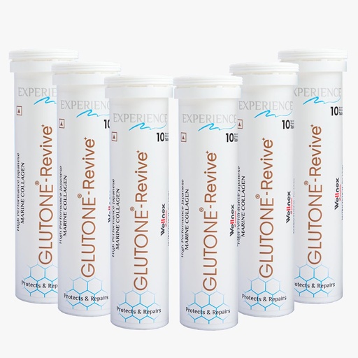 [BRSREZD7B4DQOFAY] Glutone-Revive Effervescent Collagen Tablets – 2500 mg Wellnex Di-Peptide Marine Collagen|Supports Skin Hydration, Elasticity, Smooth Texture | For Men & Women | 60 Blueberry Flavour Tablets