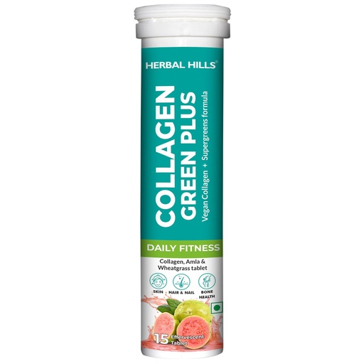 [BRSREYIRC56GK3Y7] Herbal Hills Collagen Green Plus Tablets for Skin Radiance & Glow, Vegan Collagen & Supergreen Formula - 15 Effervescent Tablets (Pack of 1)
