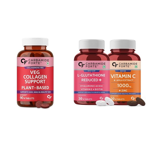 [BRSREHQ6CVYQKHLP] Carbamide Forte Plant Based Veg Collagen Tablet For Skin & Hair & Japanese Reduced L Glutathione And Vitamin C Supplements for Skin Health | 90 Tablets + 30+30 Tablets