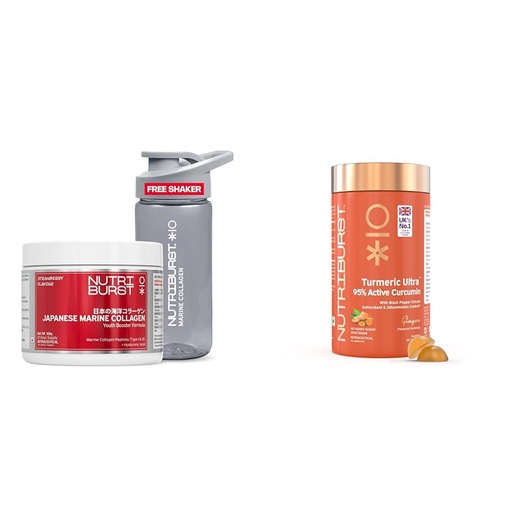 [BRSRGYARBAHGY2TJ] Nutriburst Japanese Marine Collagen Powder (Strawberry Flavor) + Turmeric Ultra Gummies (Ginger Flavor) with 95% Curcumin & Black Pepper | No Added Sugar | For Men and Women | - (Pack of 2)