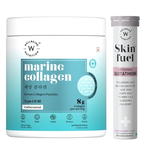 [BRSRYZYCDF4BMGYU] Wellbeing Nutrition Pure Korean Marine Collagen Powder 200g, 25 Servings for Skin, Hair & Joints + Skin Fuel Liposomal Glutathione 600mg with Hyaluronic Acid, Vitamin C & E for Radiance, 15 Veg Tablet