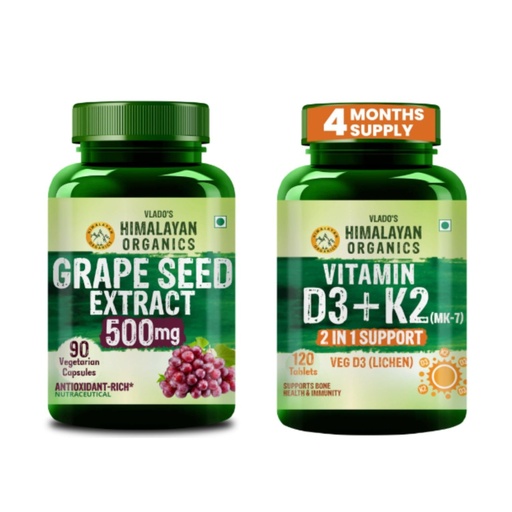 [BRSRYEIBB4FRMG3U] Vlado's Himalayan Organics Grape Seed Extract 500mg + Vitamin D3 K2 MK7 600 IU | Antioxidant, Bone, Calcium & Daily Wellness Support | Plant-Based Veg Supplement Combo