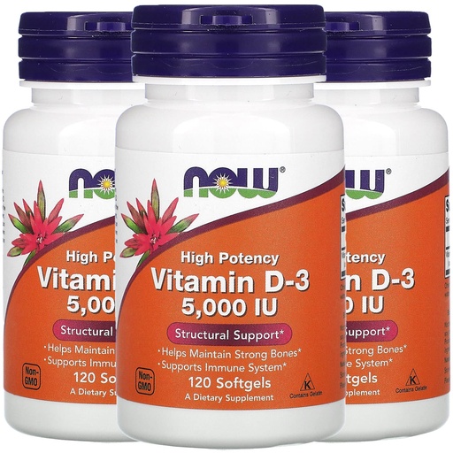 [BRSWIZTYCYDWOCD6] NOW Foods Now Supplements, Vitamin D-3 5,000 IU, High Potency, Structural Support*, 120 Softgels (3 Pack)