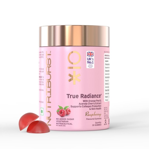 [BRSROALYA4MAICD4] Nutriburst True Radiance Collagen Gummies | Raspberry Flavour with Orange Peel & Acerola Cherry Extract | Supports Collagen Production, Skin Health & Glow | No Added Sugar | For Men & Women | - 30 Gummies