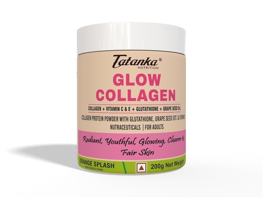 [BRSRAAQKOZYRQCLD] Glow Collagen Powder with Glutathione, Vitamin C, Vitamin E & Grape Seed Extract | Skin Glow & Anti-Aging Support | Hydrolyzed Collagen Peptides 20 SERVINGS (200 GM, ORANGE SPLASH)