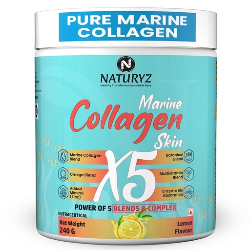 [BRSRAZL2CQHRYYDB] NATURYZ Marine Collagen Skin X5 for Women & Men | Premium Collagen Peptides | Power of 5 Blends | Hyaluronic acid, Biotin & Vitamin E | Supports Skin Radiance, Healthy Hair, Nails, Bone & Joints – 240g(Lemon Flavour)