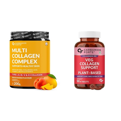 [BRSREAQEOB6GEFY2] Carbamide Forte Hydrolyzed Multi Collagen 5x Powder - Peach mango Flavor -200g & 100% Veg Collagen Supplements For Skin & Hair - 90 Tablets