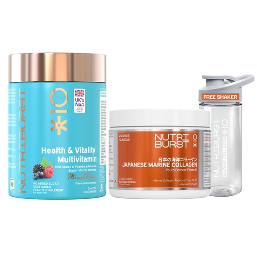 [BRSRGYY5AUCWE23A] Nutriburst Japanese Marine Collagen Powder (Orange flavor) + Multivitamins A, B, C, D, E & Biotin Gummies | No Added Sugar | For Men and Women | - (Pack of 2)