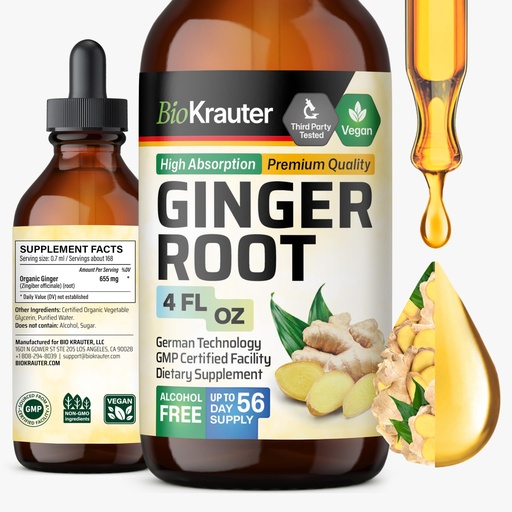 [BRSROGARAABGEGY2] BIO KRAUTER® Ginger Root - Liquid Drops Ginger Extract 655 mg per Serving 4 Fl.Oz 56-Day Supply - Pure Vegan Zingiber Officinale for Digestive Support & Daily Wellness - Alcohol & Sugar Free