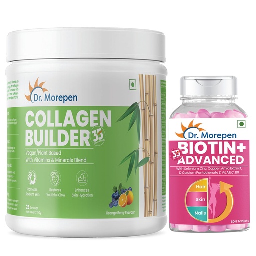 [BRSROBDQAUHGAH3L] DR. MOREPEN Combo of Biotin+ 60 Veg Tablets & Natural Collagen Builder, Plant Based Collagen Powder Orange Berry Flavour - 250gm