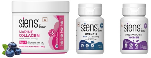 [BRSREYD3O56WADYZ] Siens By Dabur Women's Health - Marine Collagen (Blueberry-Lavender) 100g + Omega-3 Fish Oil 30 Softgels + Women's Multivitamin 30 Capsules | Complete Care