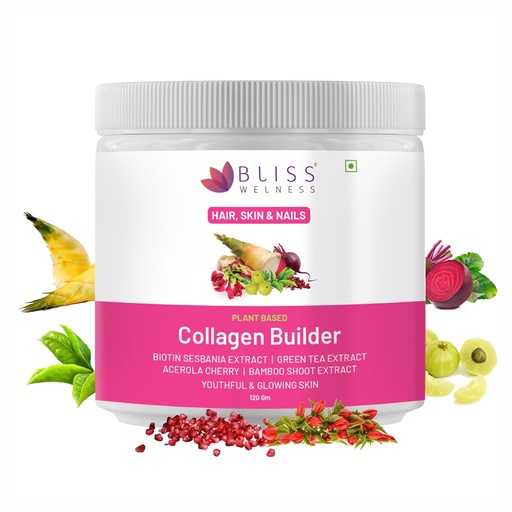 [BRSRMALYOEAWAH3H] Bliss Welness Plant-Based Collagen Builder Powder | Biotin, Vitamin C, Acerola Cherry, Silica, Sesbania, Green Tea & Herbal Extracts | Glowing Skin, Healthy Hair, Reduced Pigmentation | 120g, Berry