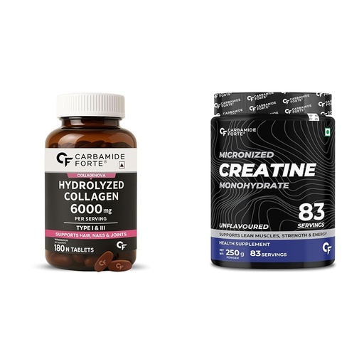 [BRSREHQ6CUBWA3T3] Carbamide Forte Hydrolyzed Collagen Tablets With Type 1 & 3 Collagen & Creatine Mono Hydrate Powder For Lean Muscle Volumization | 180 Tablets + 83 Serving Unflavoured Powder