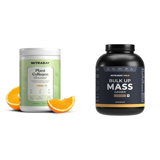 [BRSRYYACOEPA42AU] Nutrabay Collagen Booster Plant-Based Collagen Builder for Skin, Hair, Joints & Nails with Vitamin | Nutrabay Gold Bulk Up Mass Gainer Powder - 3kg, Chocolate | 30g Protein, 104g Carbs, 554 Calories
